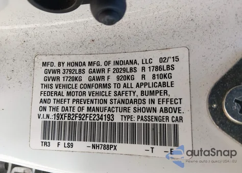 2015 Honda Civic Ex-L from USA, damaged, VIN 19XFB2F92FE234193
